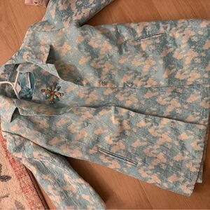 Elegant Blue and Cream Brooch-Embellished Dress